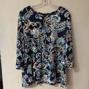 Chico's Paisley Long Sleeve Top - Navy and Teal